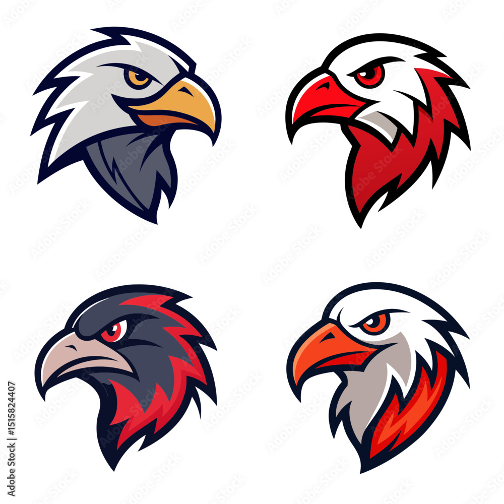 Four eagle head illustrations with different color schemes on a white background displayed in a grid Four eagle head illustrations with different color schemes on a white background displayed in a grid
