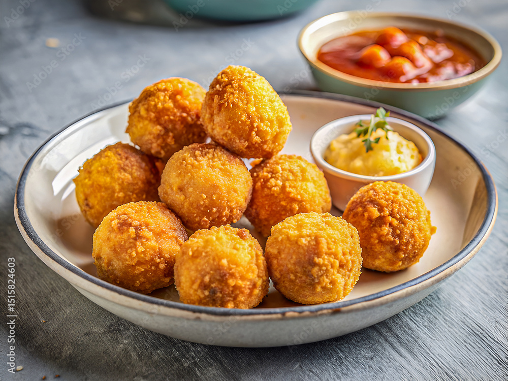 Crispy Golden Cheese Balls with Gourmet Dipping Sauces. Irresistible Appetizer Delight. Delicious food background Crispy Golden Cheese Balls with Gourmet Dipping Sauces. Irresistible Appetizer Delight. Delicious food background