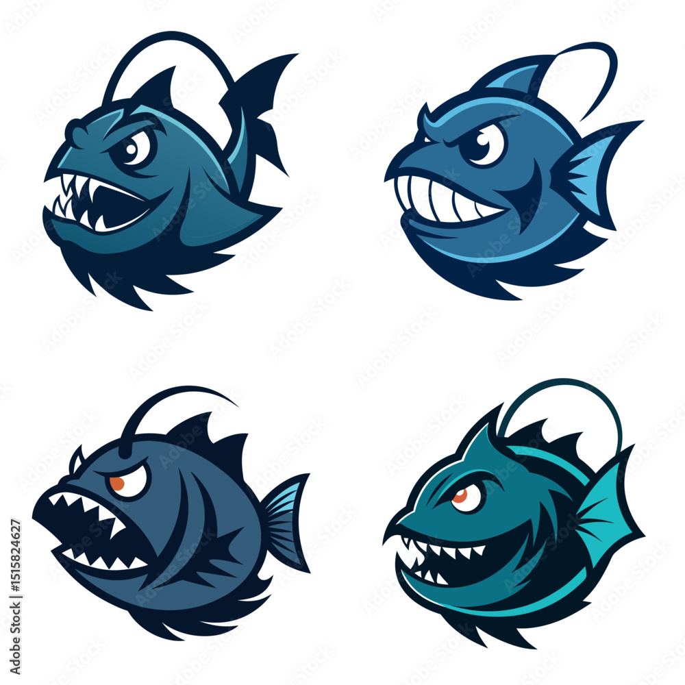 Collection of four cartoon piranha and anglerfish heads with sharp teeth and angry expressions on a white background Collection of four cartoon piranha and anglerfish heads with sharp teeth and angry expressions on a white background
