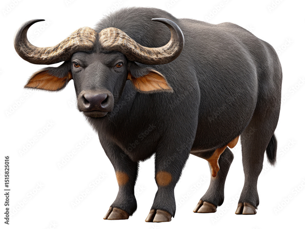 Obraz premium African Buffalo Majesty: A captivating portrait of an imposing African buffalo, its powerful frame and magnificent horns a testament to its status.