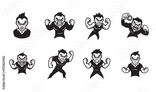 Vector illustration of a furious man with clenched fists and aggressive expressions.
