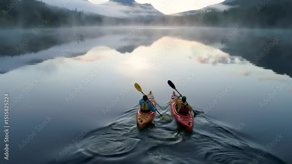 Couple kayaking at sunrise on, a misty mountain lake, aerial top-down reveal, gentle drone pull-back, pastel sky tones, adventurous outdoors film Couple kayaking at sunrise on, a misty mountain lake, aerial top-down reveal, gentle drone pull-back, pastel sky tones, adventurous outdoors film