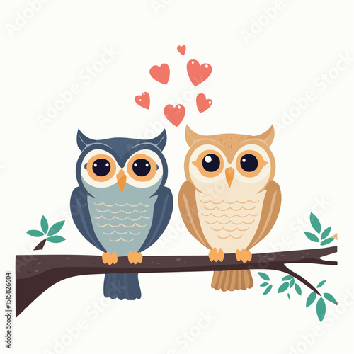 Lovely Owl Couple: Two adorable owls perch serenely on a branch, exuding a heartwarming aura of companionship, their love represented by hearts floating above.