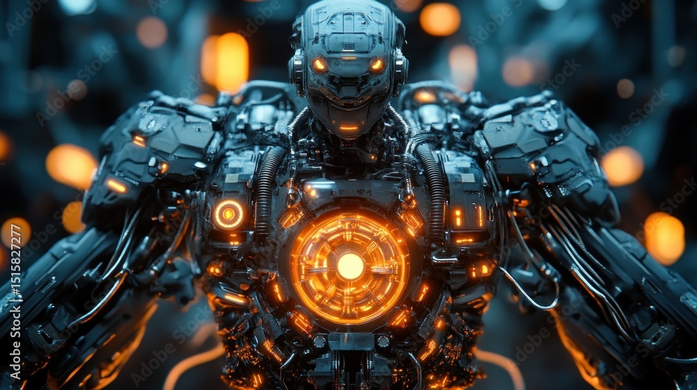 Fototapeta premium Advanced combat robot with complex wiring system on its chest and arms, flashing lights background wallpaper AI generated image