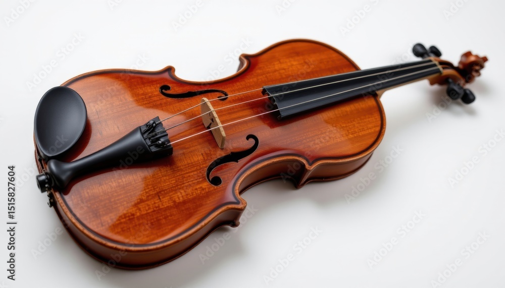 Classic violin on white background. The violin is made of wood with a polished finish, and it is in excellent condition. The strings are taut, and the bow is placed near the violin. Classic violin on white background. The violin is made of wood with a polished finish, and it is in excellent condition. The strings are taut, and the bow is placed near the violin.