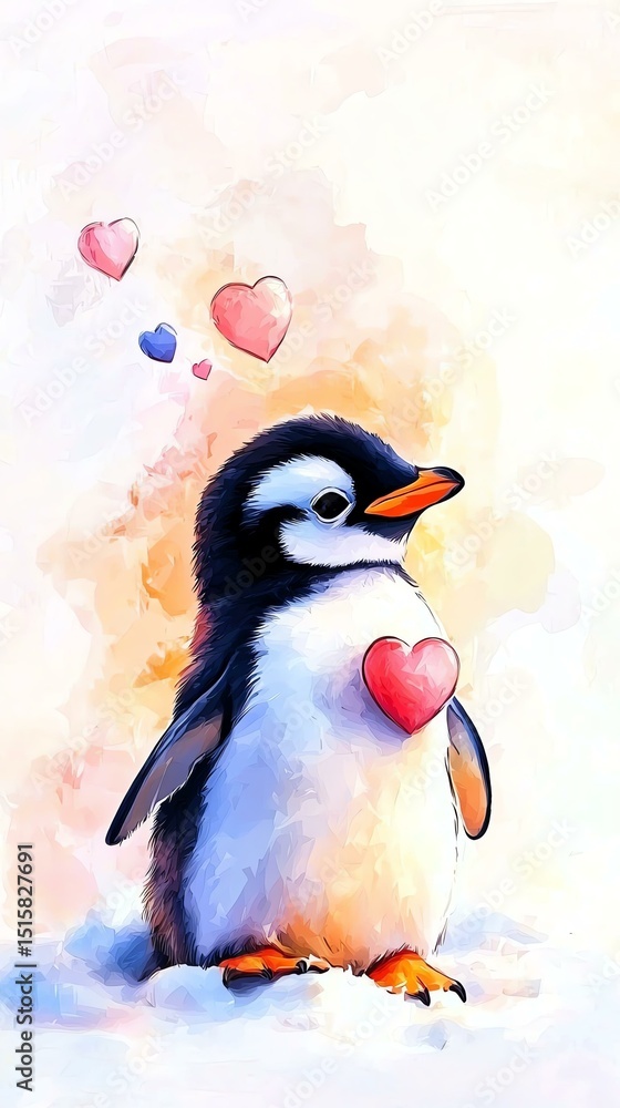 Obraz premium Valentine Penguin Nursery Wallpaper Cute penguin expressing love with hearts. Cute Baby Penguin Love Illustration Adorable Animal Heart Pattern Design
