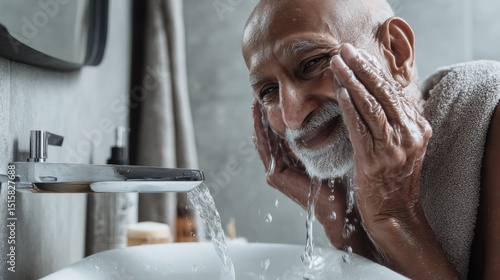 Elderly man washing face at sink	