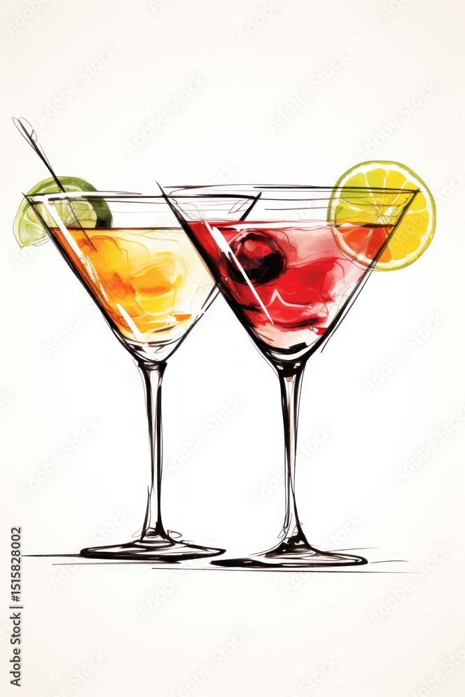 3 cocktail glasses martini drawing drink. 3 cocktail glasses martini drawing drink.