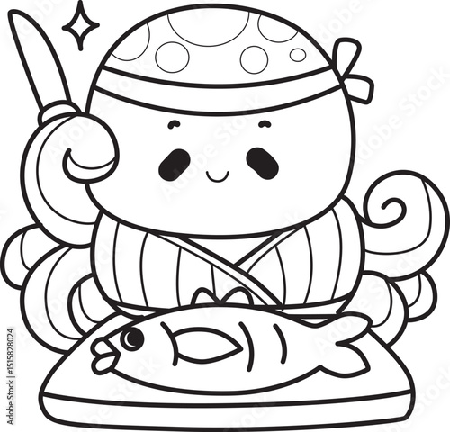 Outline of Cute Kawaii Happy Octopus Vector Icon set.