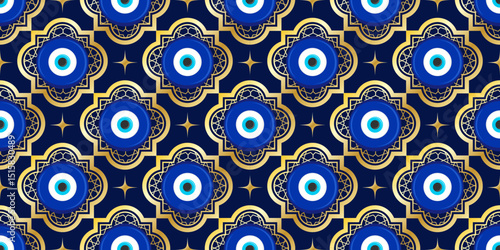 Evil eye Greek seamless pattern. Vector background with blue beads. Turkish nazar - ethnic symbol of protection energy and luck. Mystic amulet with golden ornament. Cute Arabic design