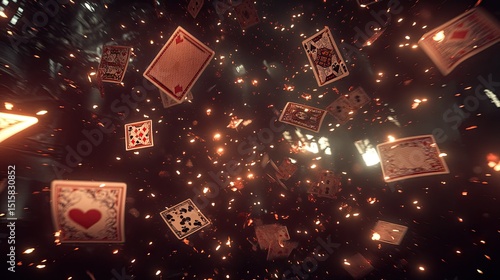 Playing cards float in a fiery, swirling vortex.