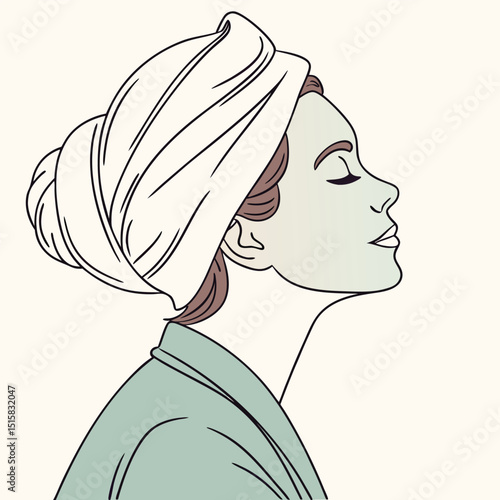 Calm woman with hair in a towel and face mask