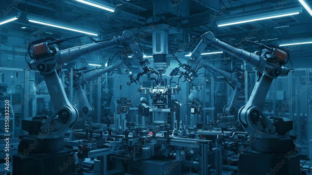 Automated robotic arms working in a high-tech manufacturing facility Automated robotic arms working in a high-tech manufacturing facility