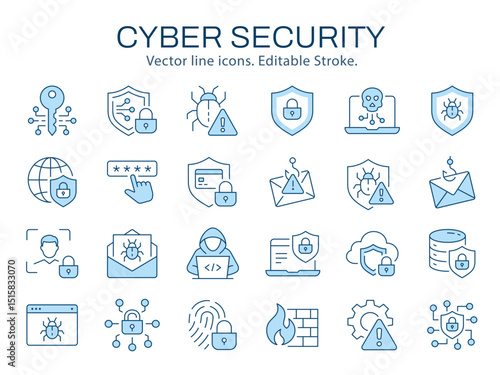 Cyber security icons, such as shield, lock, safety, safe and more. Vector illustration isolated on white. Editable stroke. Change to any size and any color.