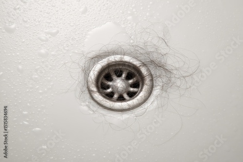 Hair clogged in shower drain close up	