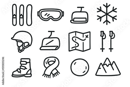 Ski equipment icons: goggles, helmet, poles, boots, snowflake, mountain, map