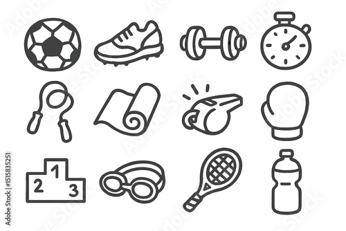 Sports icons set: soccer, running, weights, stopwatch, boxing, tennis, swimming