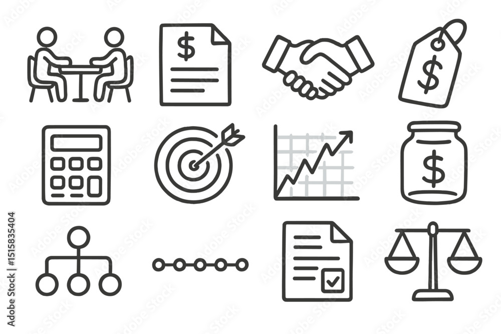 Fototapeta premium Business icons: handshake, money, target, graph, and more illustrations