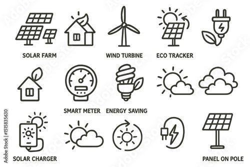 Renewable energy icons: solar, wind, eco tracker, smart meter, energy saving