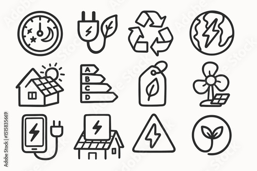 Eco-friendly energy icons: solar, recycle, sustainability, electric, nature