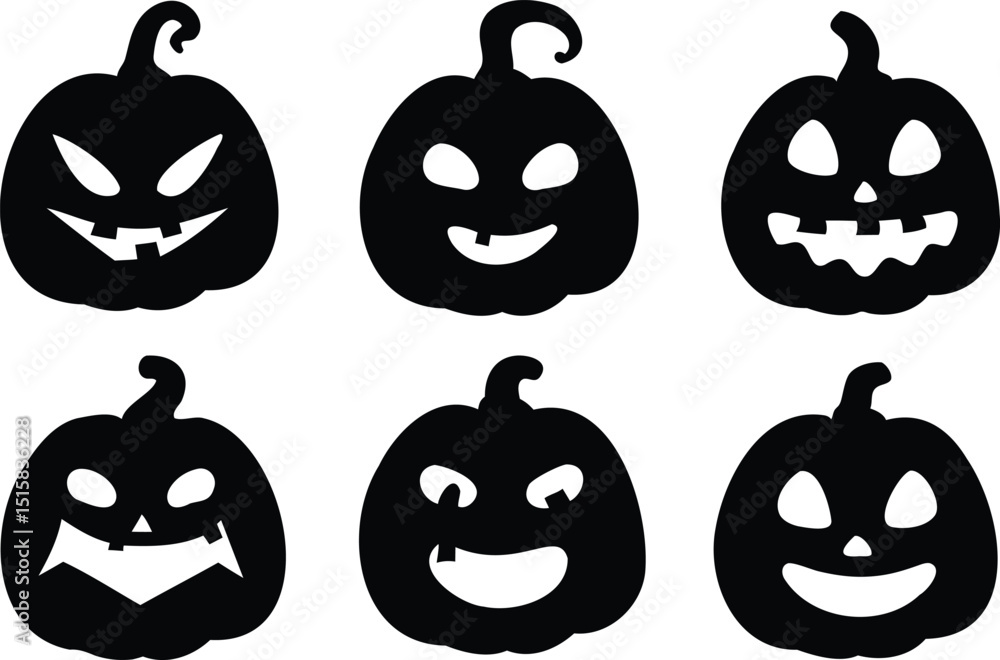 Black Silhouette Set of Six Jack-o'-Lanterns with Varied Expressions for Halloween Decor Black Silhouette Set of Six Jack-o'-Lanterns with Varied Expressions for Halloween Decor