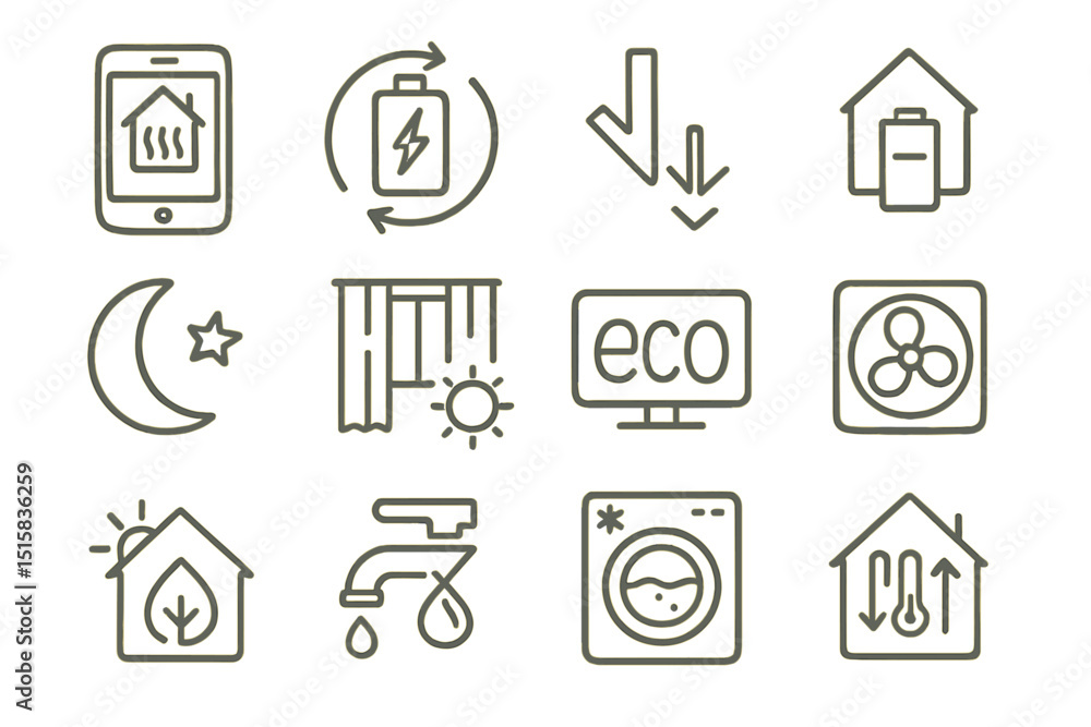 Smart home technology icons for energy efficiency and eco-friendly living Smart home technology icons for energy efficiency and eco-friendly living