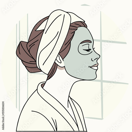 Calm woman with hair in a towel and face mask