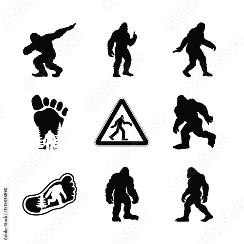 Bigfoot Silhouette Collection Featuring Sasquatch Poses Tracks And Warning Sign For Cryptid Design Projects