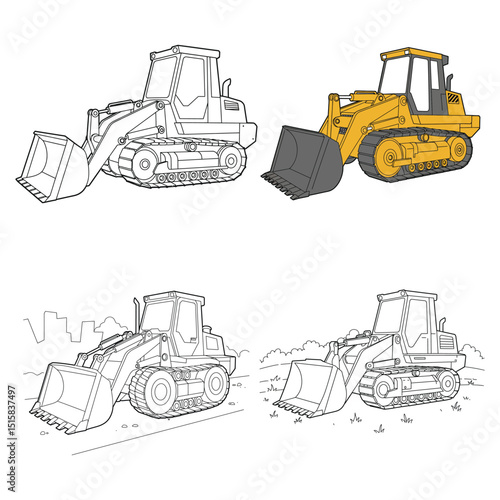 illustration vector doodles hand drawn of wheel loader isolated on white, realistic sketch.