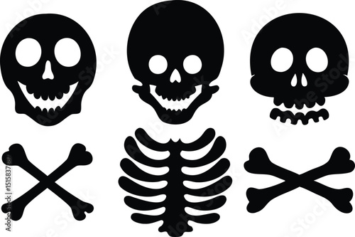 Collection of Black Silhouette Skulls and Crossed Bones with Ribcage for Halloween or Pirate Themes