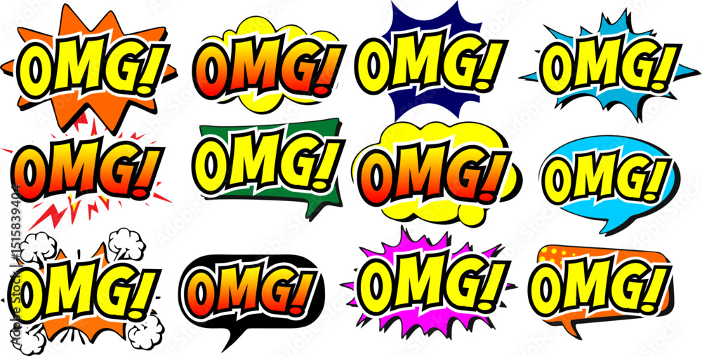 Cartoon comic sign burst clouds. Speech bubble, OMG sign expression and pop art text frames. Comics mem expressions speech, superhero book OMG label. Isolated vector symbols set Cartoon comic sign burst clouds. Speech bubble, OMG sign expression and pop art text frames. Comics mem expressions speech, superhero book OMG label. Isolated vector symbols set