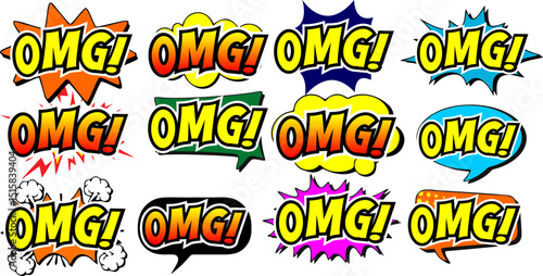 Cartoon comic sign burst clouds. Speech bubble, OMG sign expression and pop art text frames. Comics mem expressions speech, superhero book OMG label. Isolated vector symbols set