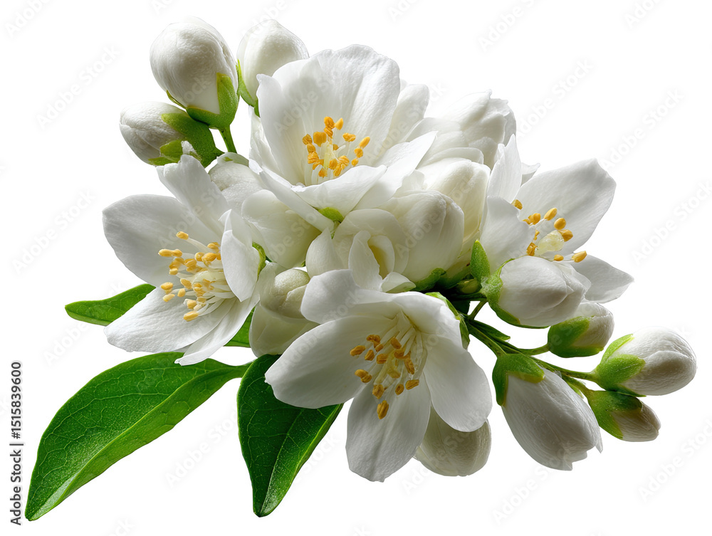 Obraz premium Jasmine in Bloom: Exquisite blossoms of jasmine, pristine and elegant, showcase their delicate petals and intoxicating fragrance in a stunning floral arrangement.