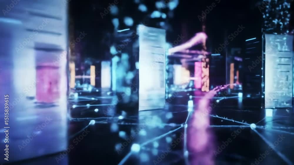 Abstract futuristic digital landscape with glowing data panels network connections and light trails moving through virtual space Abstract futuristic digital landscape with glowing data panels network connections and light trails moving through virtual space