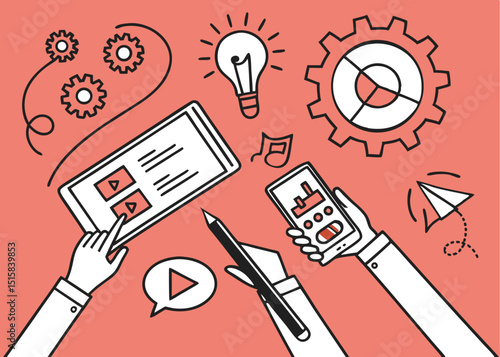 Digital Video Content & Interactivity – Minimalist Vector Illustration