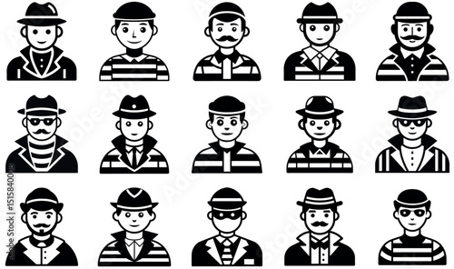 Collection of Black and White Cartoon Thief and Prisoner Icons