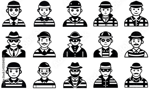 Collection of Black and White Cartoon Thief and Prisoner Icons
