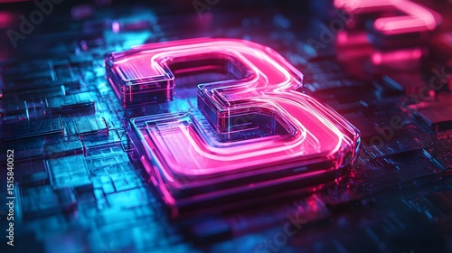 Neon pink and blue number three on a detailed circuit board texture.