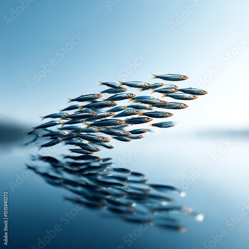 A School of Fish Swimming in Formation with Reflections in the Water Under a Clear Blue Sky