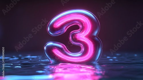 Neon pink and blue number three on a dark surface.