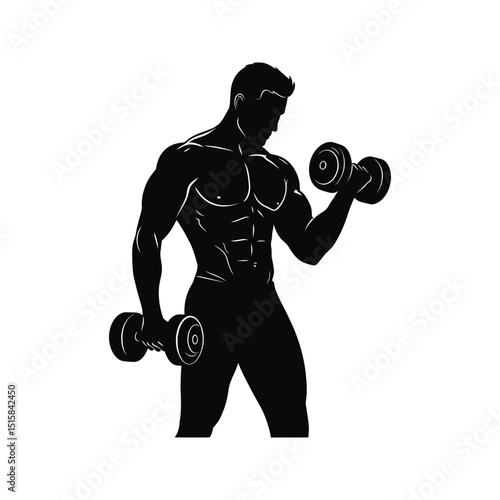 Muscular man silhouette lifting dumbbells fitness bodybuilding strength training exercise workout gym strong power healthy lifestyle image