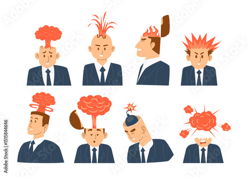 Set of Businessman with Exploded Head Brain Set Collection, Stressed businessman with exploding head concept, mental health crisis, burnout, depression, and business pressure in modern workplace.