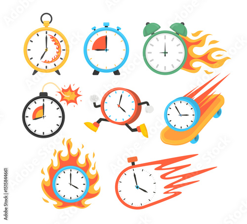 Set of Burning Clock or Alarm Set Collection, Fast Burning Clock with Fiery Countdown for Urgent Delivery Concept and Deadline Alarm. Times is Running Out. Express Service. Vector Illustration.