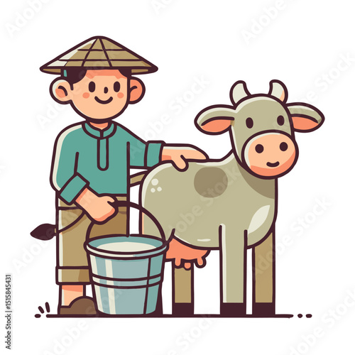 Illustration of Asian Farmer with Straw Hat Milking a Cow Using Bucket in White Background