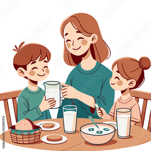 Mother Serving Milk to Children at Breakfast Table Cartoon Illustration
