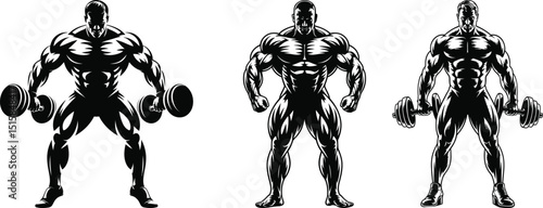Bodybuilder male figure in black silhouette - vector illustration