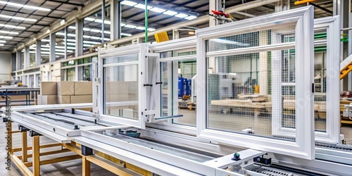 A machine assembling a PVC plastic window frame into a net-like structure with mesh panels, set on a factory production line floor