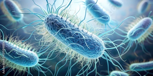 A close-up microscopic view of Escherichia coli bacteria on a white background, highlighting its spiral shape and flagella , microscopic view, bacteria