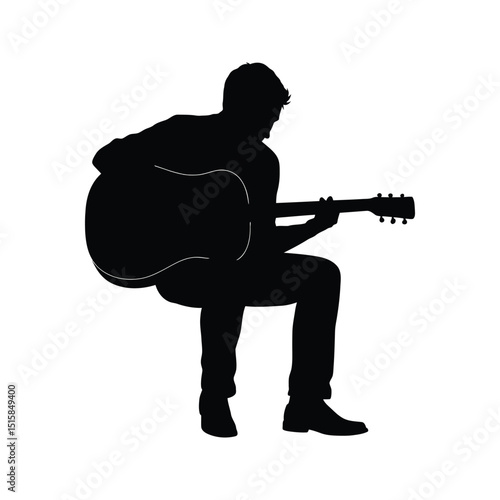 Silhouette of a man playing acoustic guitar seated music musician black and white vector illustration