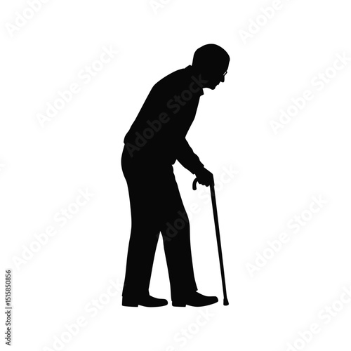 Silhouette of elderly man walking with cane senior citizen black and white vector illustration disability support aging